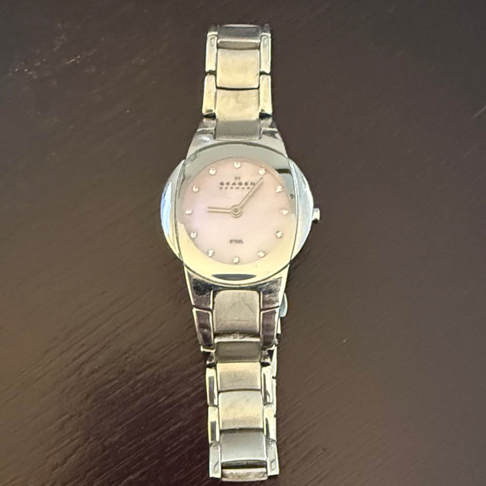 Skagen Women's Watch with Silver Band and Mother of Pearl Pink Dial